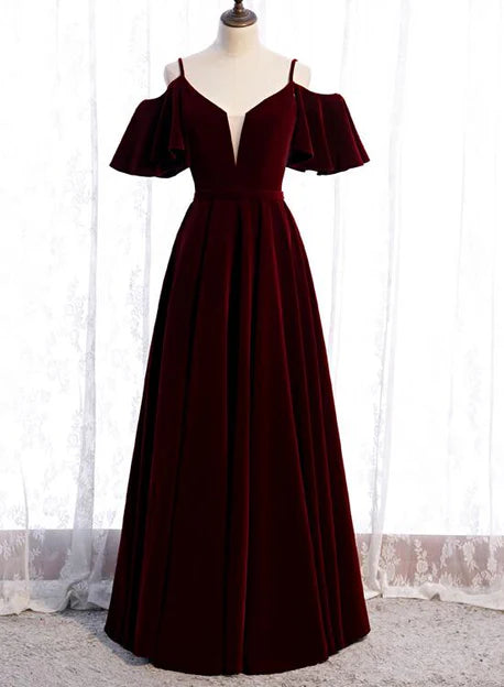 Luolandi Beautiful Wine Red Velvet Off Shoulder Floor Length Party Dress Junior Prom Dress Elegant Evening Dress
